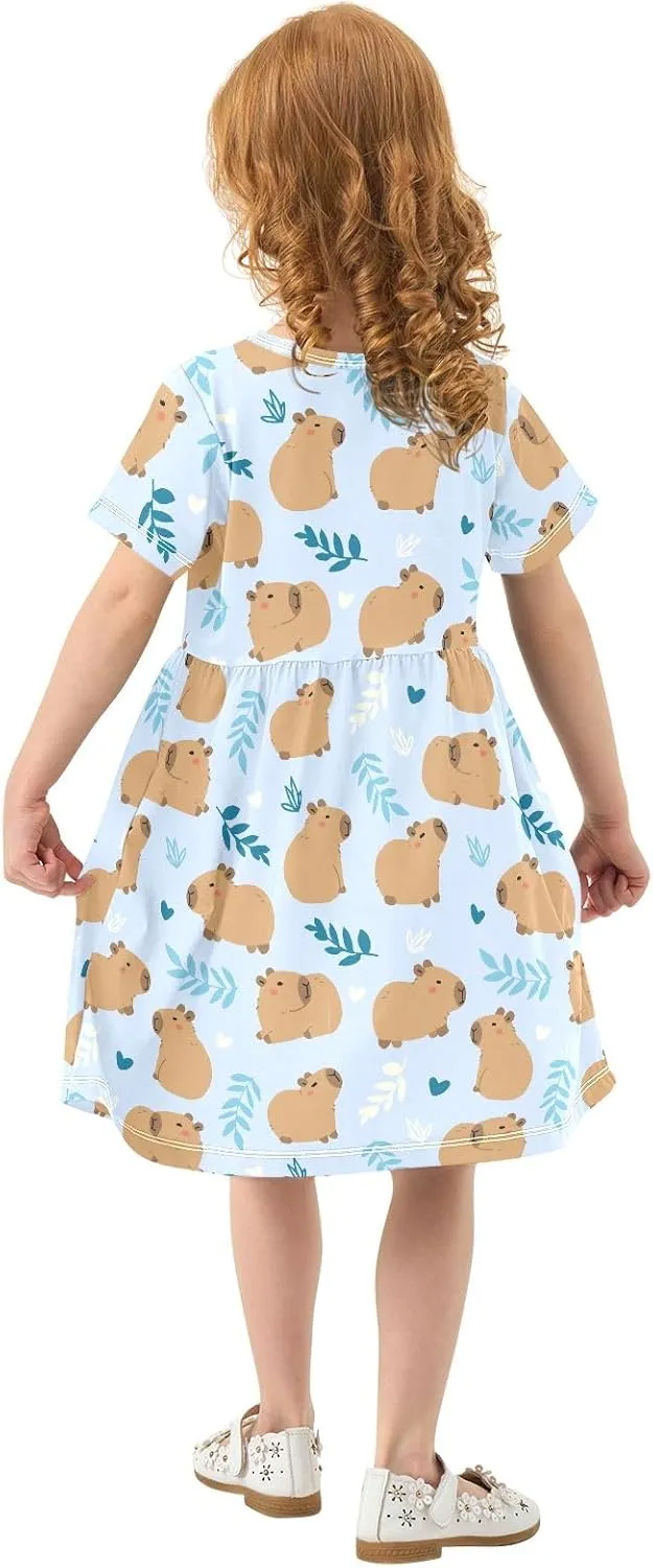 Cute Capybara Simple Flower Pattern Summer Girls Short Sleeve Dress Casual Dresses Beach Sundress for 2-8 Years