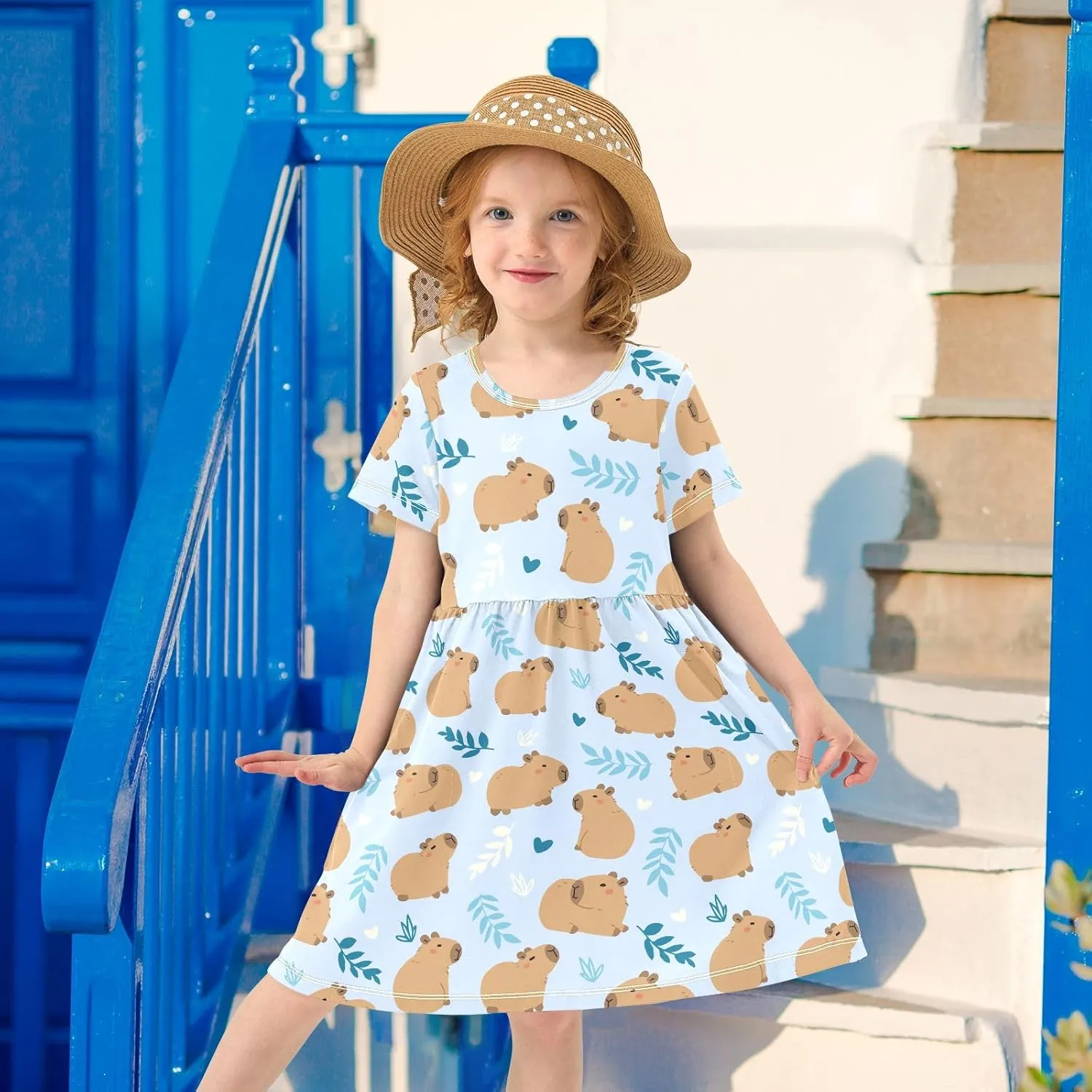 Cute Capybara Simple Flower Pattern Summer Girls Short Sleeve Dress Casual Dresses Beach Sundress for 2-8 Years