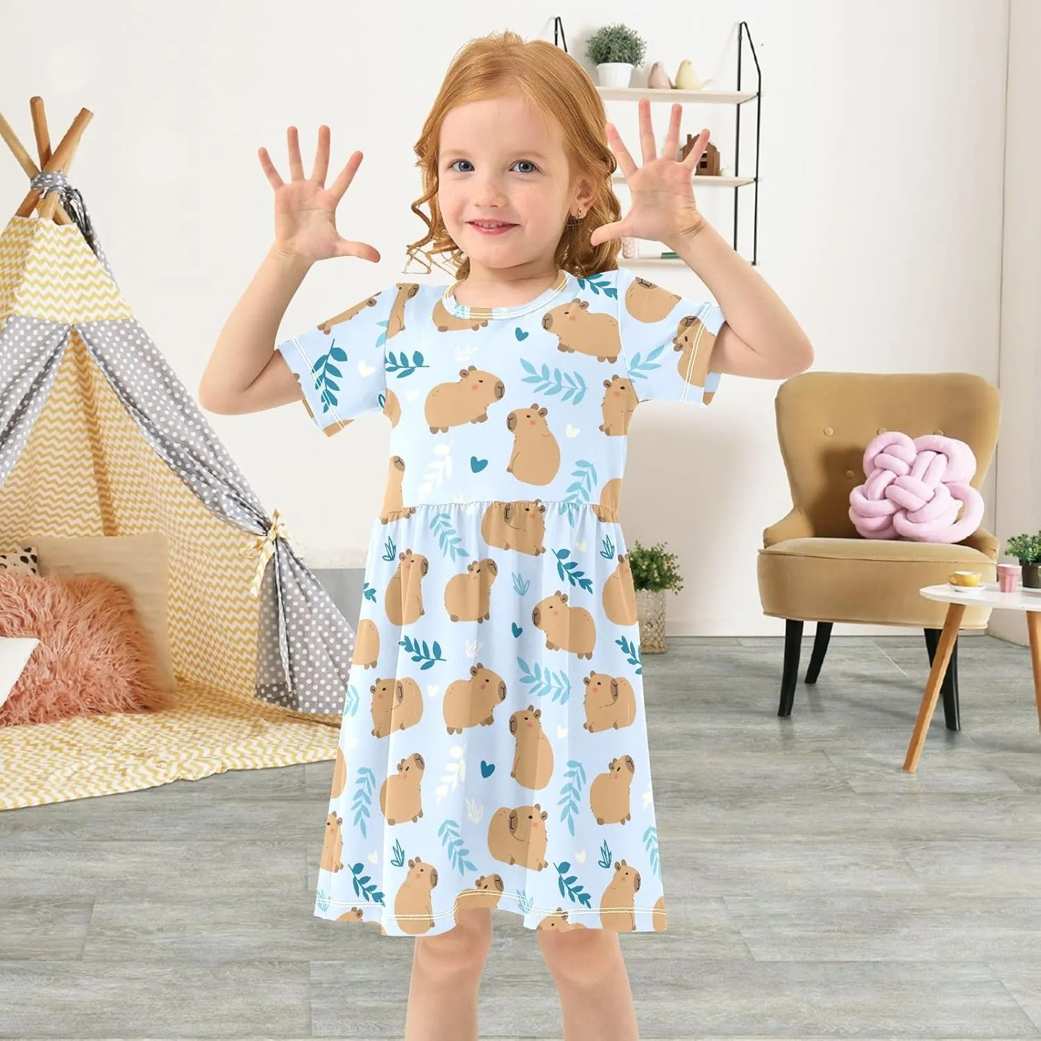 Cute Capybara Simple Flower Pattern Summer Girls Short Sleeve Dress Casual Dresses Beach Sundress for 2-8 Years