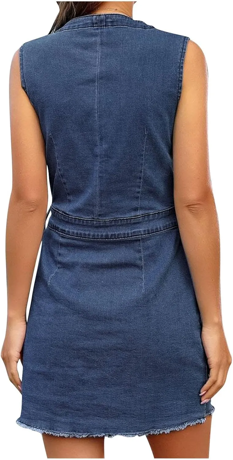 Denim Dress for Women Button Up Jean Shirt Vacation Dresses Casual Summer Tshirt Mini Dress Bussiness Work Dress