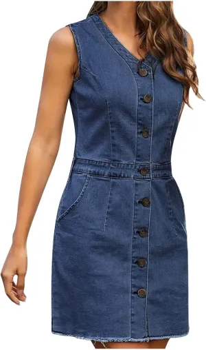 Denim Dress for Women Button Up Jean Shirt Vacation Dresses Casual Summer Tshirt Mini Dress Bussiness Work Dress