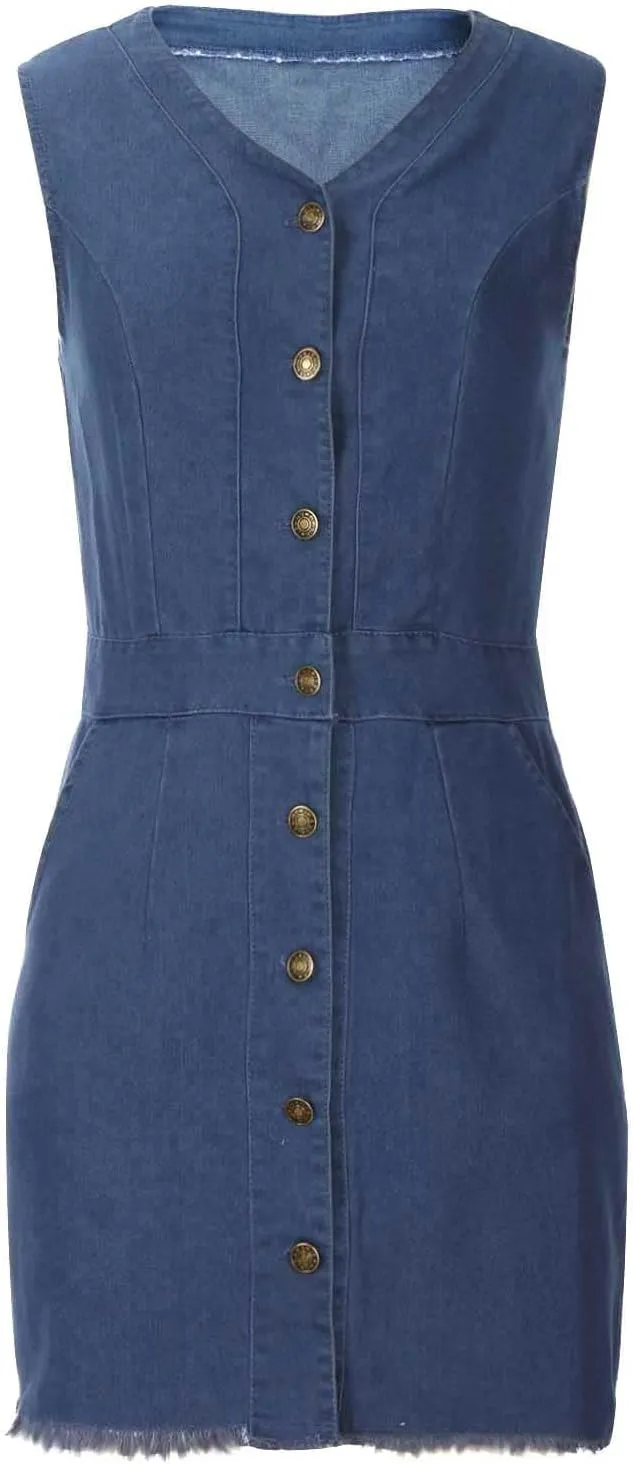 Denim Dress for Women Button Up Jean Shirt Vacation Dresses Casual Summer Tshirt Mini Dress Bussiness Work Dress