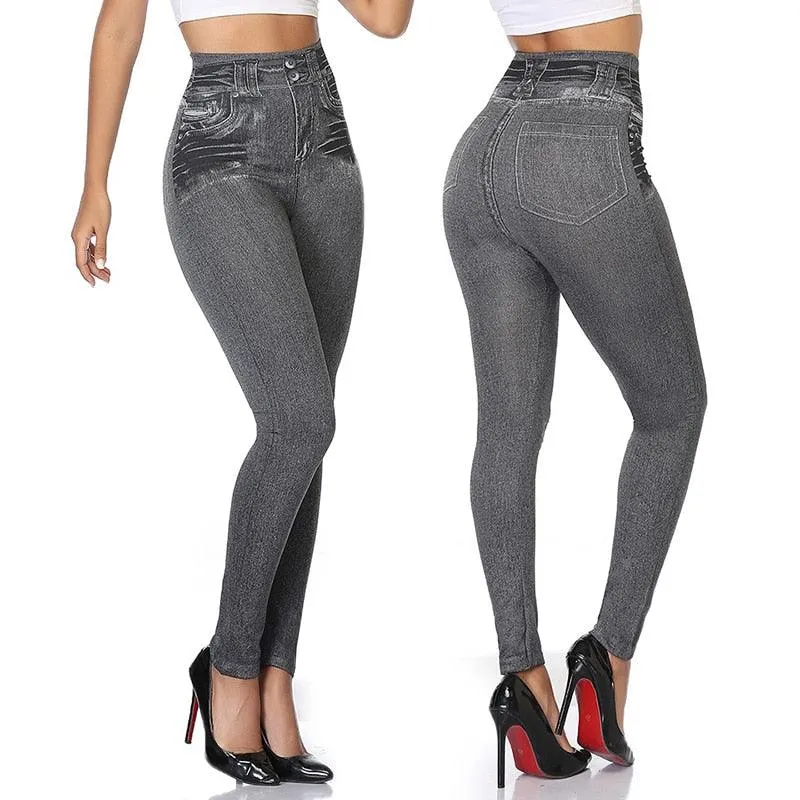 Denim Print Compression Leggings  Stylish Look with Stretch Fabric
