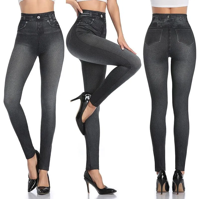 Denim Print Compression Leggings  Stylish Look with Stretch Fabric