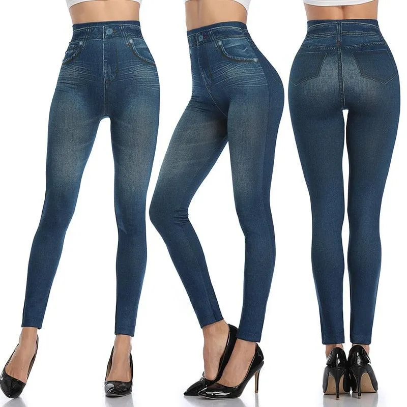 Denim Print Compression Leggings  Stylish Look with Stretch Fabric