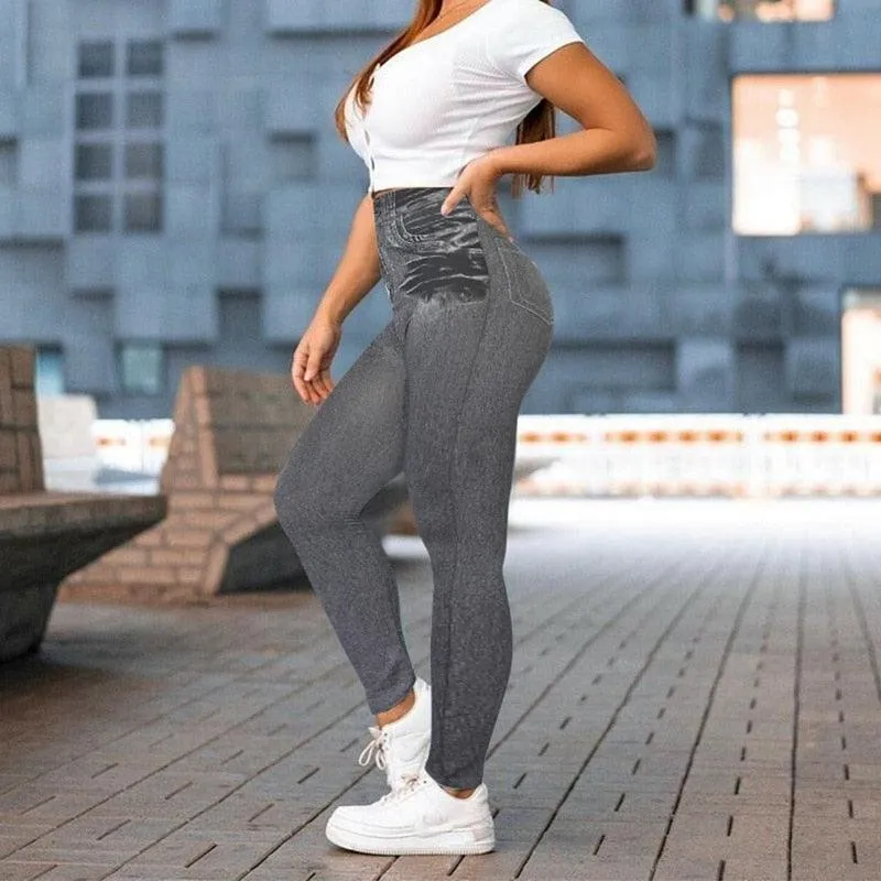 Denim Print Compression Leggings  Stylish Look with Stretch Fabric