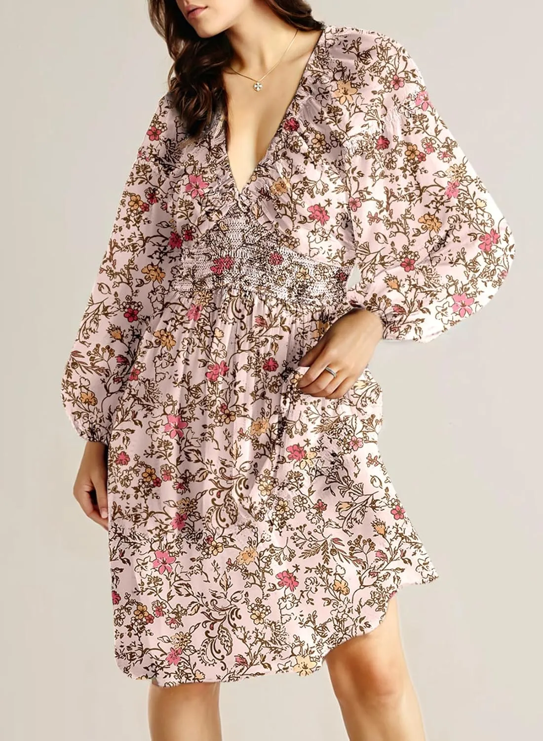 Dokotoo Womens Dresses 2025 Boho Floral V Neck Long Sleeve Smocked Elastic Waist Casual A-Line Swing Mini Dress Sundress