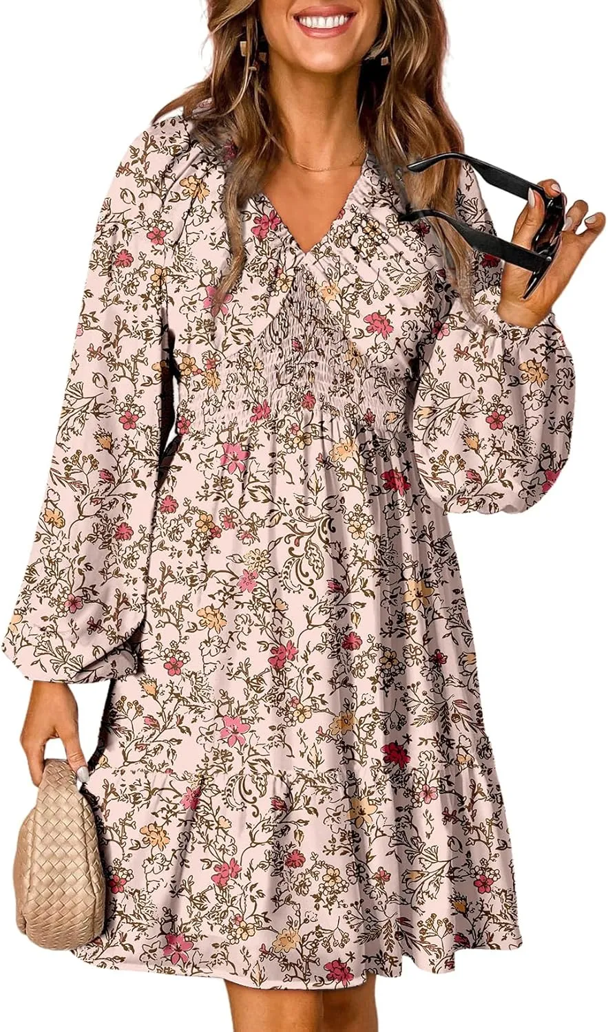 Dokotoo Womens Dresses 2025 Boho Floral V Neck Long Sleeve Smocked Elastic Waist Casual A-Line Swing Mini Dress Sundress