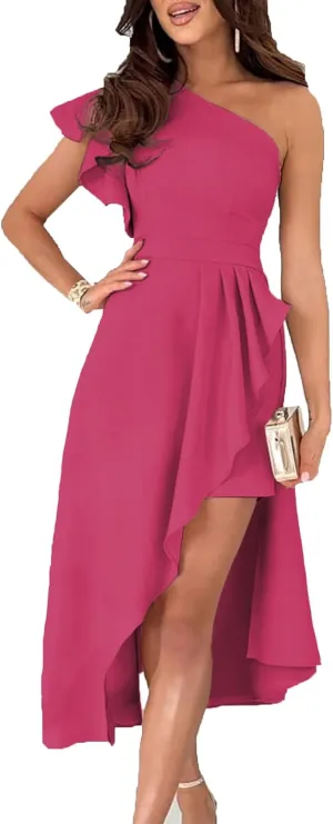 Dokotoo Womens One Shoulder Sleeveless Ruffle Empire Waist Asymmetrical High-Low Bodycon Formal Wedding Guest Midi Dresses