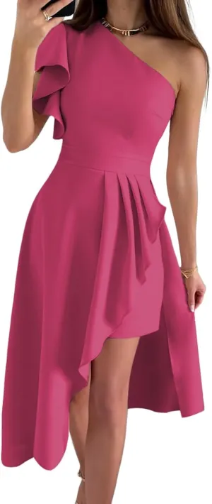 Dokotoo Womens One Shoulder Sleeveless Ruffle Empire Waist Asymmetrical High-Low Bodycon Formal Wedding Guest Midi Dresses