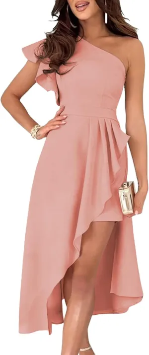 Dokotoo Womens One Shoulder Sleeveless Ruffle Empire Waist Asymmetrical High-Low Bodycon Formal Wedding Guest Midi Dresses