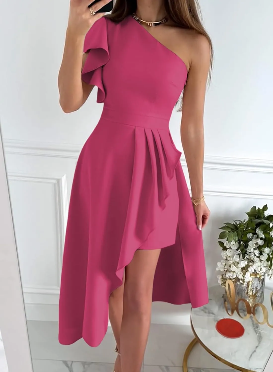 Dokotoo Womens One Shoulder Sleeveless Ruffle Empire Waist Asymmetrical High-Low Bodycon Formal Wedding Guest Midi Dresses
