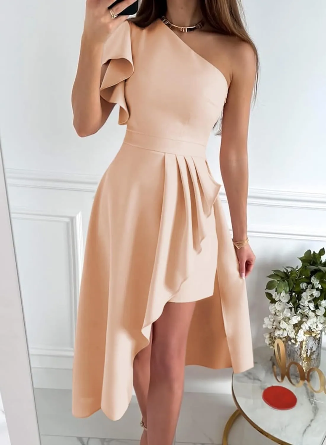 Dokotoo Womens One Shoulder Sleeveless Ruffle Empire Waist Asymmetrical High-Low Bodycon Formal Wedding Guest Midi Dresses