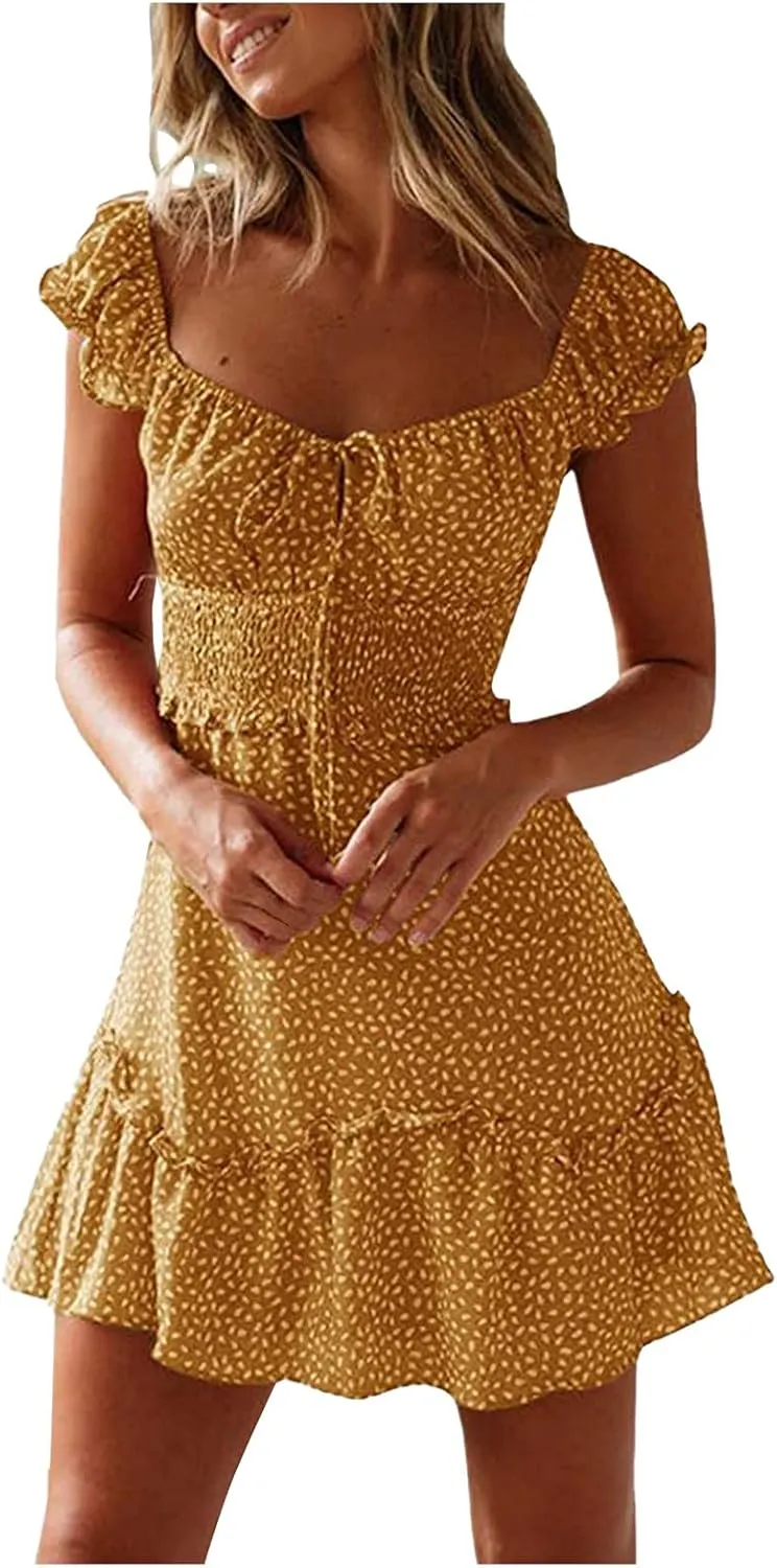 Dresses for Women trendy Pleated Sleeve Women's Sexy Summer Short Neckline Print Dress Mini Dress Ladies Sundress Beach