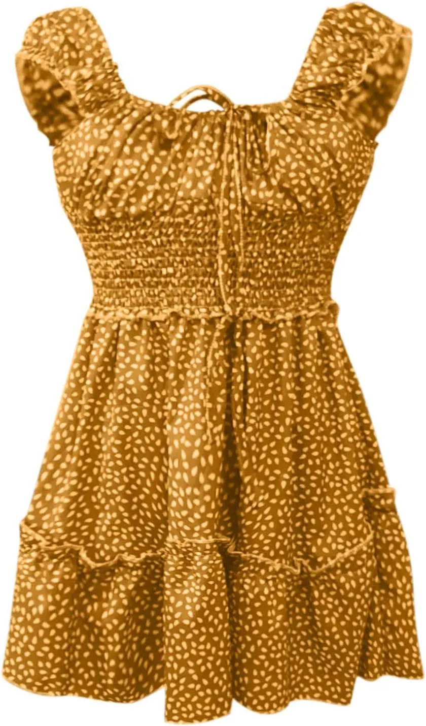 Dresses for Women trendy Pleated Sleeve Women's Sexy Summer Short Neckline Print Dress Mini Dress Ladies Sundress Beach
