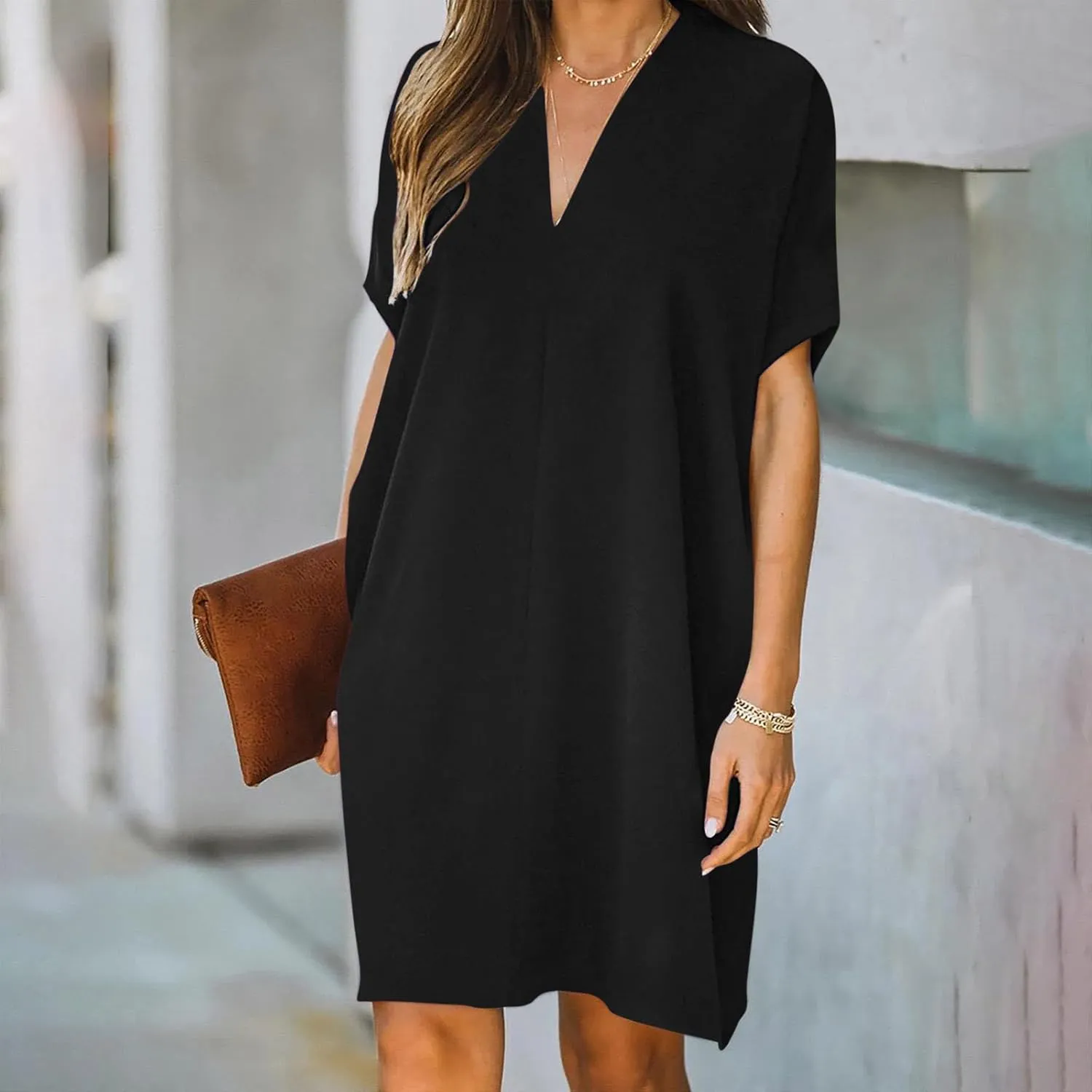 Dresses for Women V Neck Spring Summer Ruffle Short Sleeve Simple Mini Dress Casual Flowy Shift Graduation Dress with Pockets