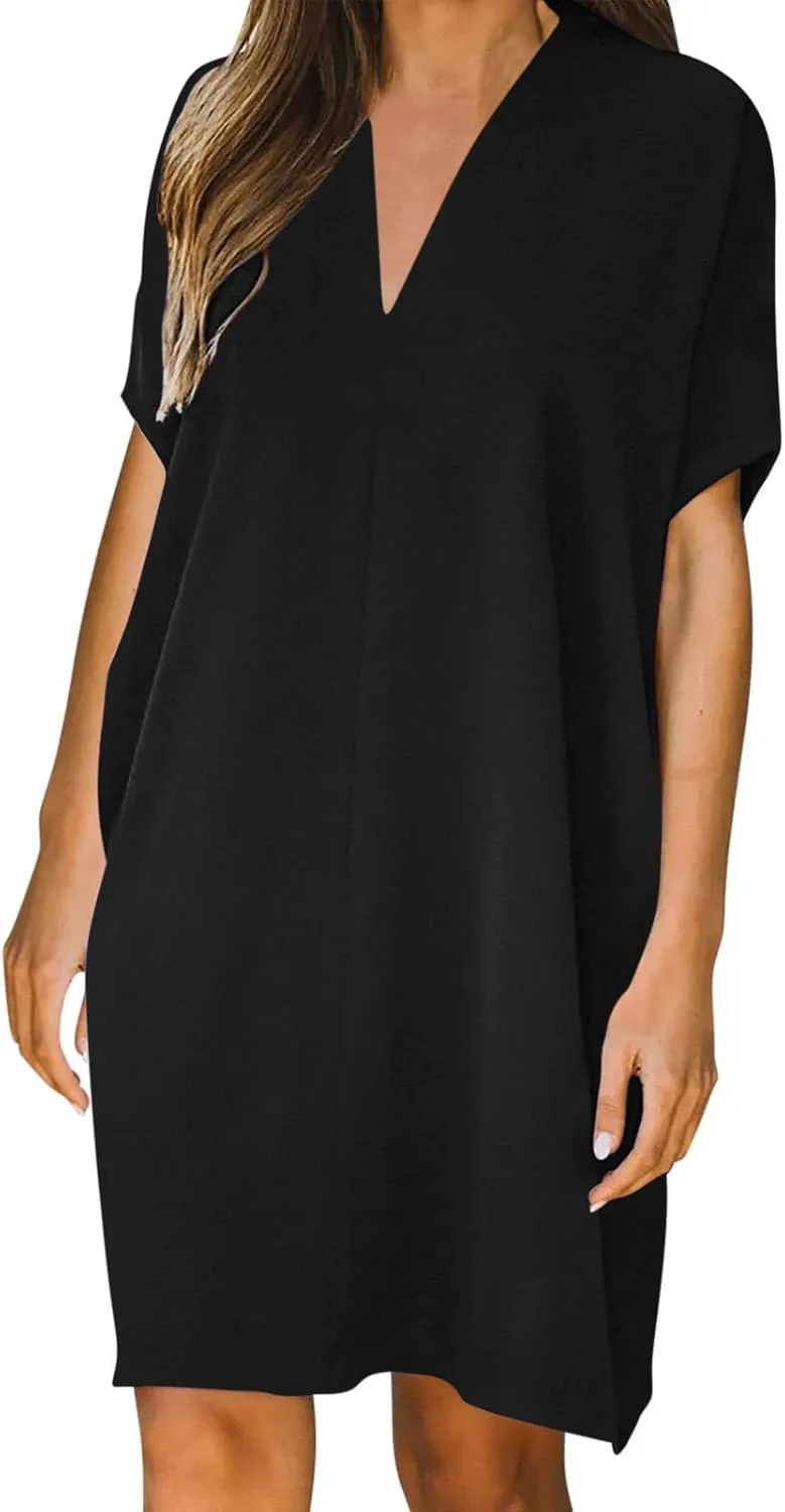Dresses for Women V Neck Spring Summer Ruffle Short Sleeve Simple Mini Dress Casual Flowy Shift Graduation Dress with Pockets