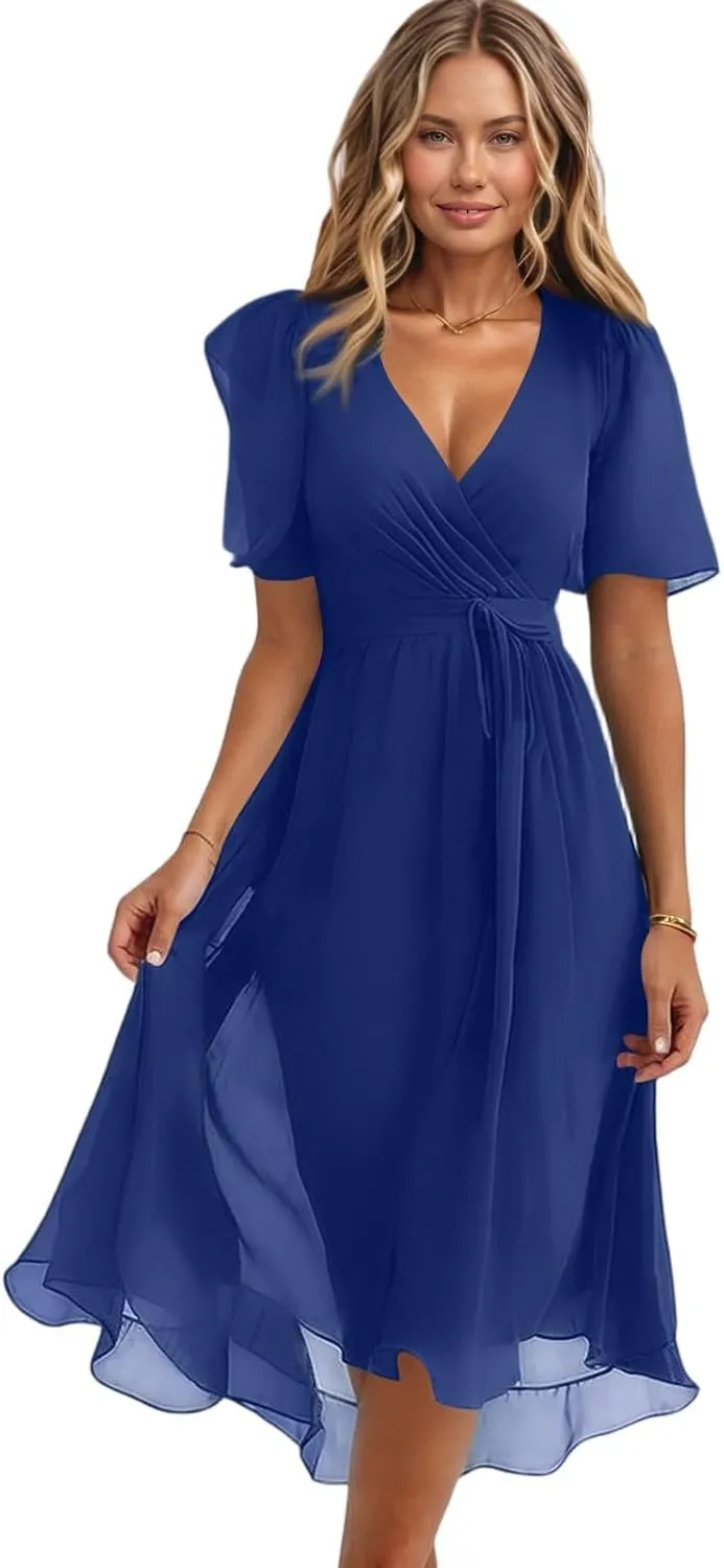 Dresses for Women,Chiffon Sexy Midi Dresses Short Sleeve Flowy Wrap Wedding Guest Womens Summer Dress Cocktail Prom