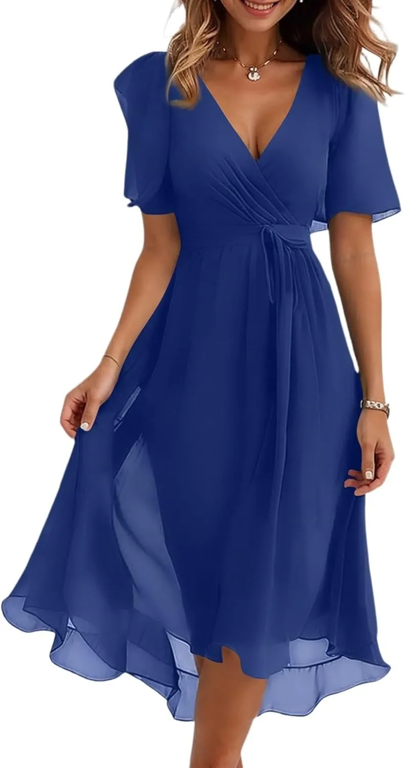 Dresses for Women,Chiffon Sexy Midi Dresses Short Sleeve Flowy Wrap Wedding Guest Womens Summer Dress Cocktail Prom