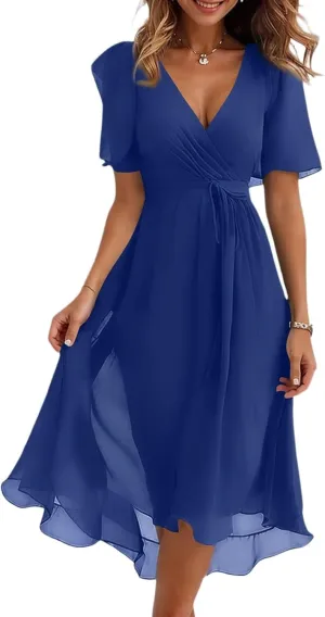 Dresses for Women,Chiffon Sexy Midi Dresses Short Sleeve Flowy Wrap Wedding Guest Womens Summer Dress Cocktail Prom
