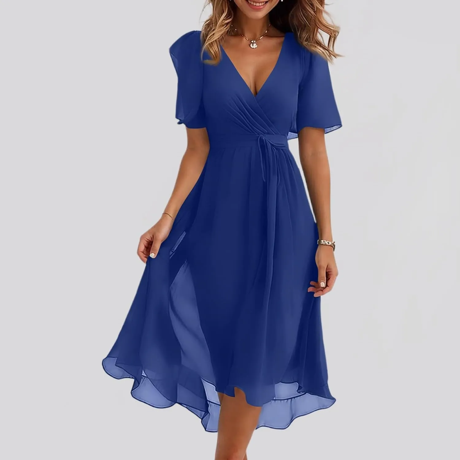 Dresses for Women,Chiffon Sexy Midi Dresses Short Sleeve Flowy Wrap Wedding Guest Womens Summer Dress Cocktail Prom