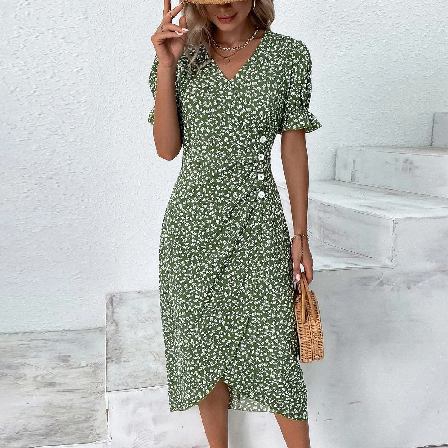 Dresses Women Wrap Midi Dresses for Women Puff Sleeve Summer Summer Dresses Women Ethnic Style