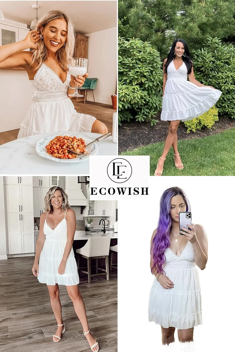 ECOWISH Summer Dresses for Women 2025 V-Neck Spaghetti Strap Bowknot Backless Sleeveless Lace Mini Swing Skater Dress