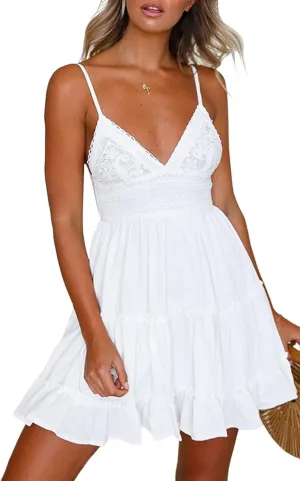 ECOWISH Summer Dresses for Women 2025 V-Neck Spaghetti Strap Bowknot Backless Sleeveless Lace Mini Swing Skater Dress