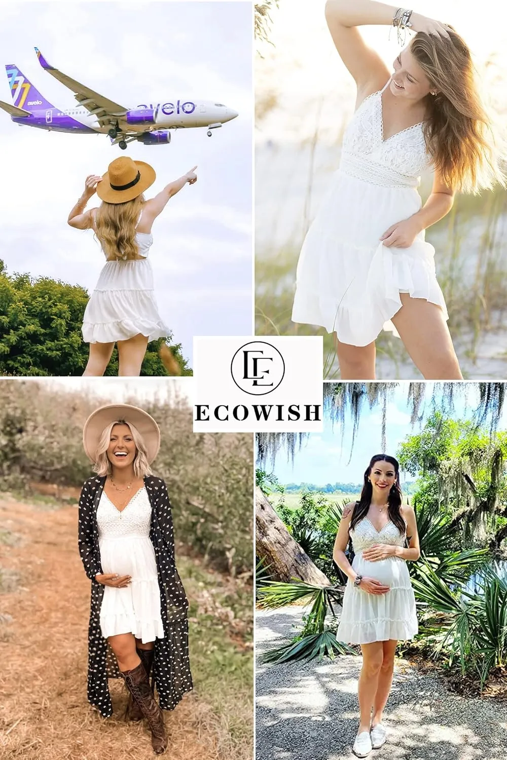 ECOWISH Summer Dresses for Women 2025 V-Neck Spaghetti Strap Bowknot Backless Sleeveless Lace Mini Swing Skater Dress