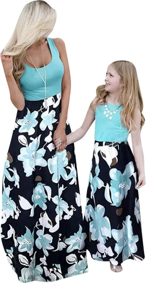 EFOFEI Mom and Me Dresses Matching Summer Floral Dress Round Neck Sleeveless Family Dress