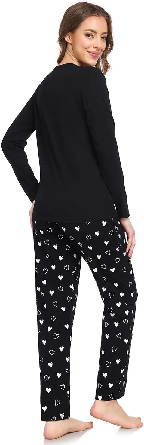 EISHOPEER Women's 2 Piece Cotton Long Sleeve Pajamas Set Cute Print Top and Pants Pjs Loungewear Sleepwear Sets
