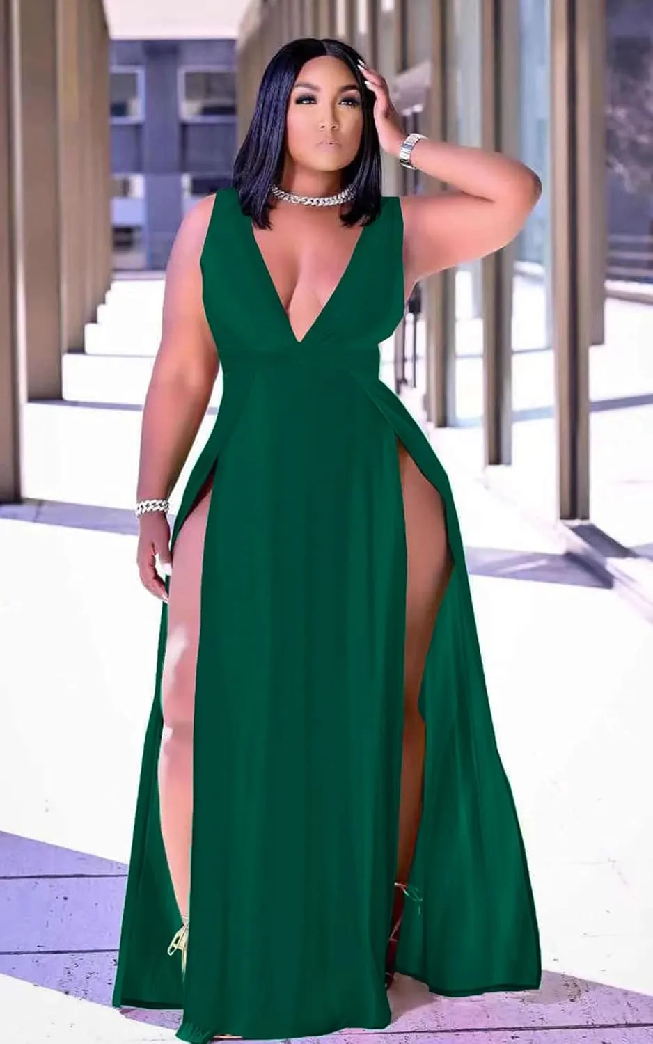 Ekaliy Women's Plus Size Sleeveless Deep V Neck Front Split Long Maxi Wrap Dress
