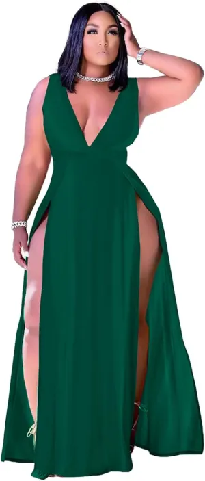 Ekaliy Women's Plus Size Sleeveless Deep V Neck Front Split Long Maxi Wrap Dress