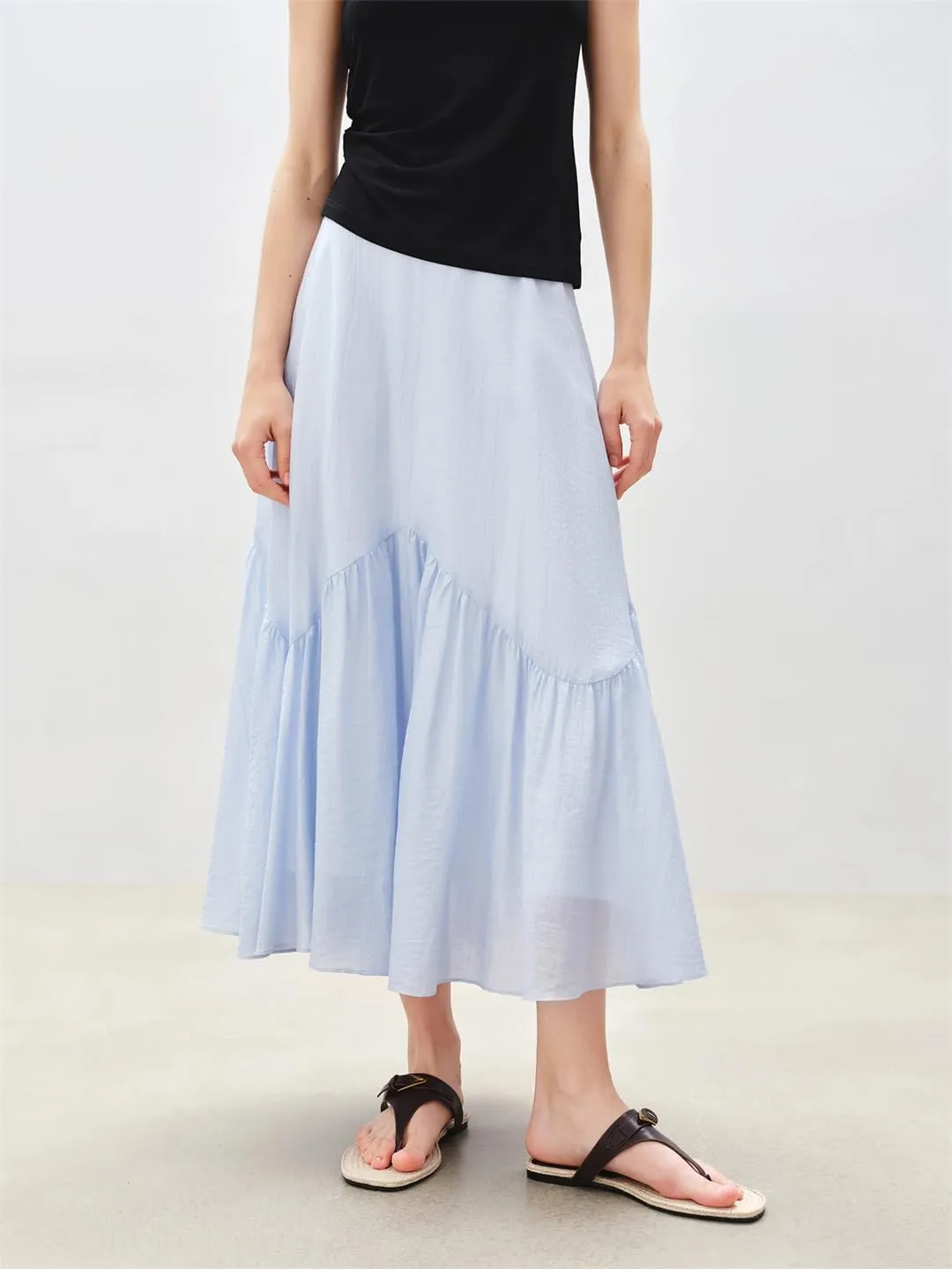 ERFMFKL Women Solid Color Summer Work Skirt Chiffon Casual Ruffle Tiered Flowy Midi Skirts