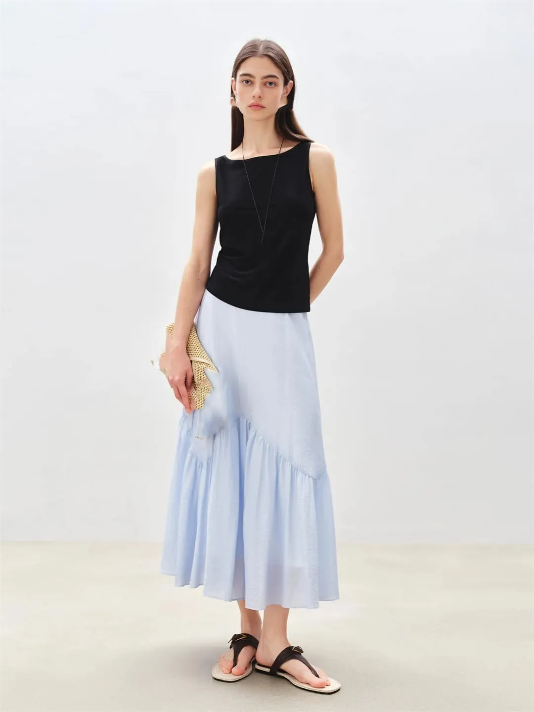 ERFMFKL Women Solid Color Summer Work Skirt Chiffon Casual Ruffle Tiered Flowy Midi Skirts