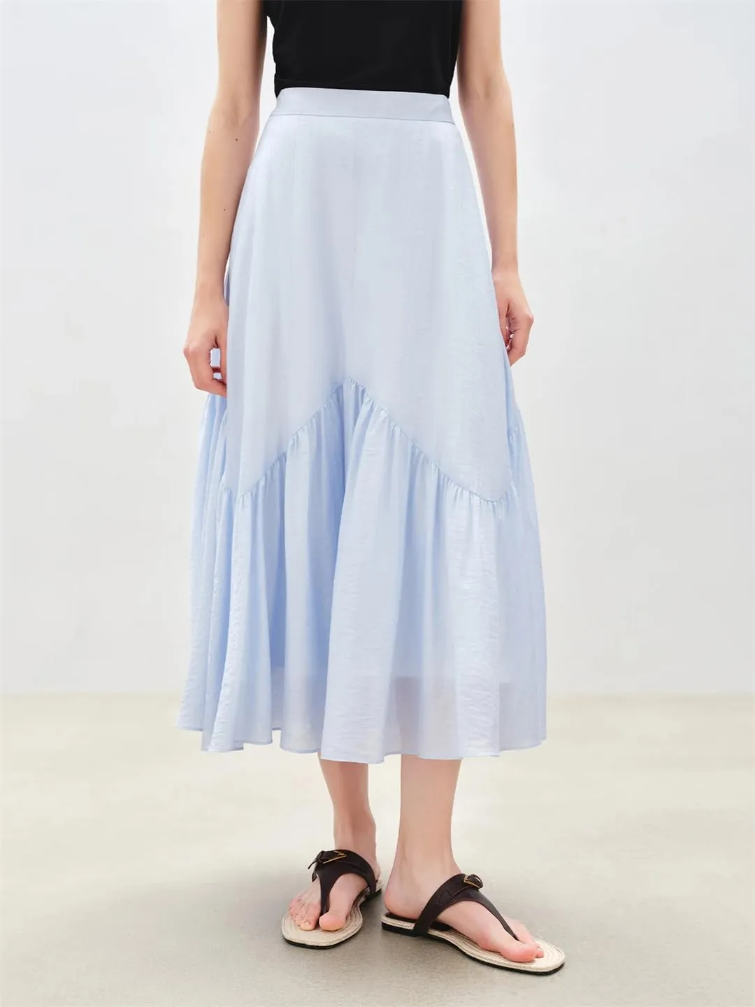 ERFMFKL Women Solid Color Summer Work Skirt Chiffon Casual Ruffle Tiered Flowy Midi Skirts