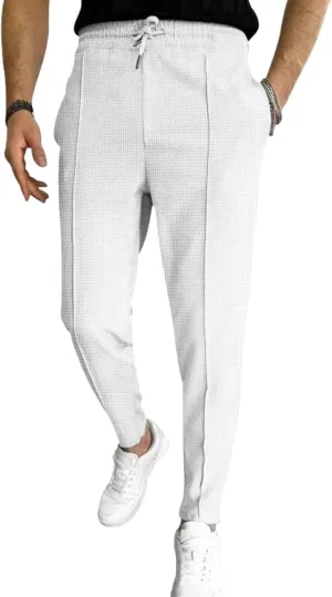 evzosrz Mens Casual Waffle Pants Pleated Front Slim Fit Straight Tapered Jogger Trousers Drawstring Workout Lounge Sweatpant