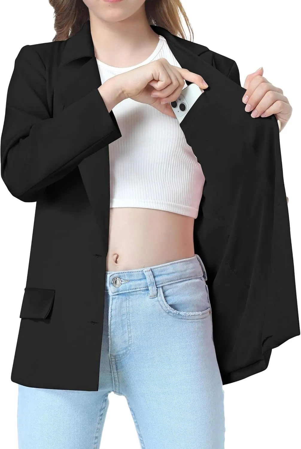 EXARUS Girls Blazer Jacket Long Sleeve Notched Collar/Lapel Collar with Inner Pocket Open Front Casual Kids Blazers Suit