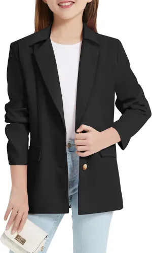 EXARUS Girls Blazer Jacket Long Sleeve Notched Collar/Lapel Collar with Inner Pocket Open Front Casual Kids Blazers Suit