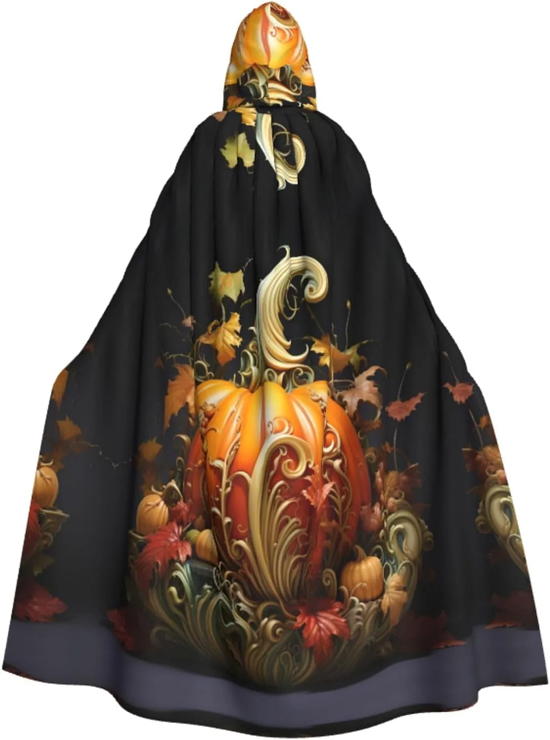 Fall Pumpkin Print Hooded Cloak Halloween Costume Adult Size with Dramatic Cloak for Cosplays,Witch Capes Black