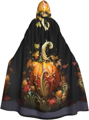 Fall Pumpkin Print Hooded Cloak Halloween Costume Adult Size with Dramatic Cloak for Cosplays,Witch Capes Black