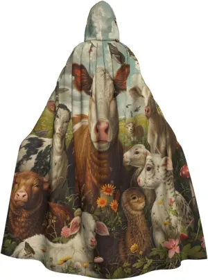 Farm Animal Print Hooded Cloak Halloween Costume Adult Size with Dramatic Cloak for Cosplays,Witch Capes Black