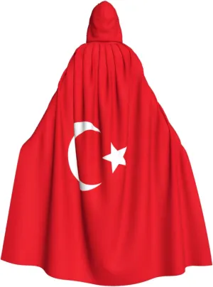 Flag of Turkey Print Hooded Cloak Halloween Costume Adult Size with Dramatic Cloak for Cosplays,Witch Capes Black