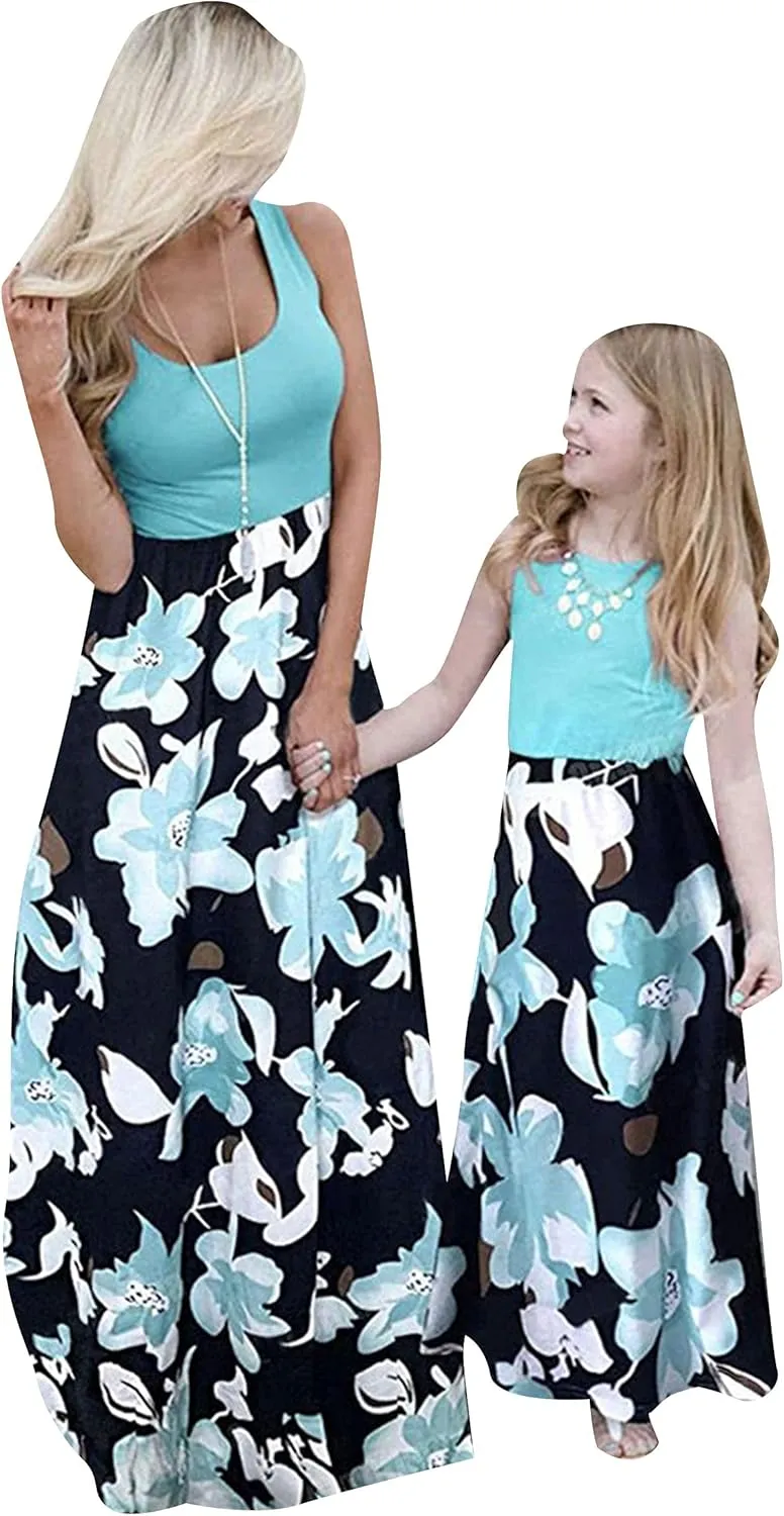 FLITAY Mommy Daughter Sleeveless Long Dress Casual Floral Print Outfits Family Matching Maxi Dresses