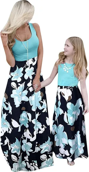 FLITAY Mommy Daughter Sleeveless Long Dress Casual Floral Print Outfits Family Matching Maxi Dresses