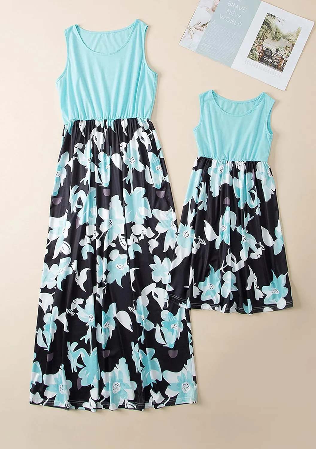 FLITAY Mommy Daughter Sleeveless Long Dress Casual Floral Print Outfits Family Matching Maxi Dresses