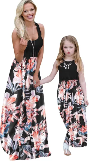 FLITAY Mommy Daughter Sleeveless Long Dress Casual Floral Print Outfits Family Matching Maxi Dresses