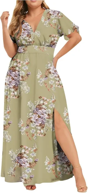 Floral Maxi Dresses for Women 2025 Summer Casual Plus Size V Neck Flowy Long Dress Baggy Comfy Beach Vacation Sundress