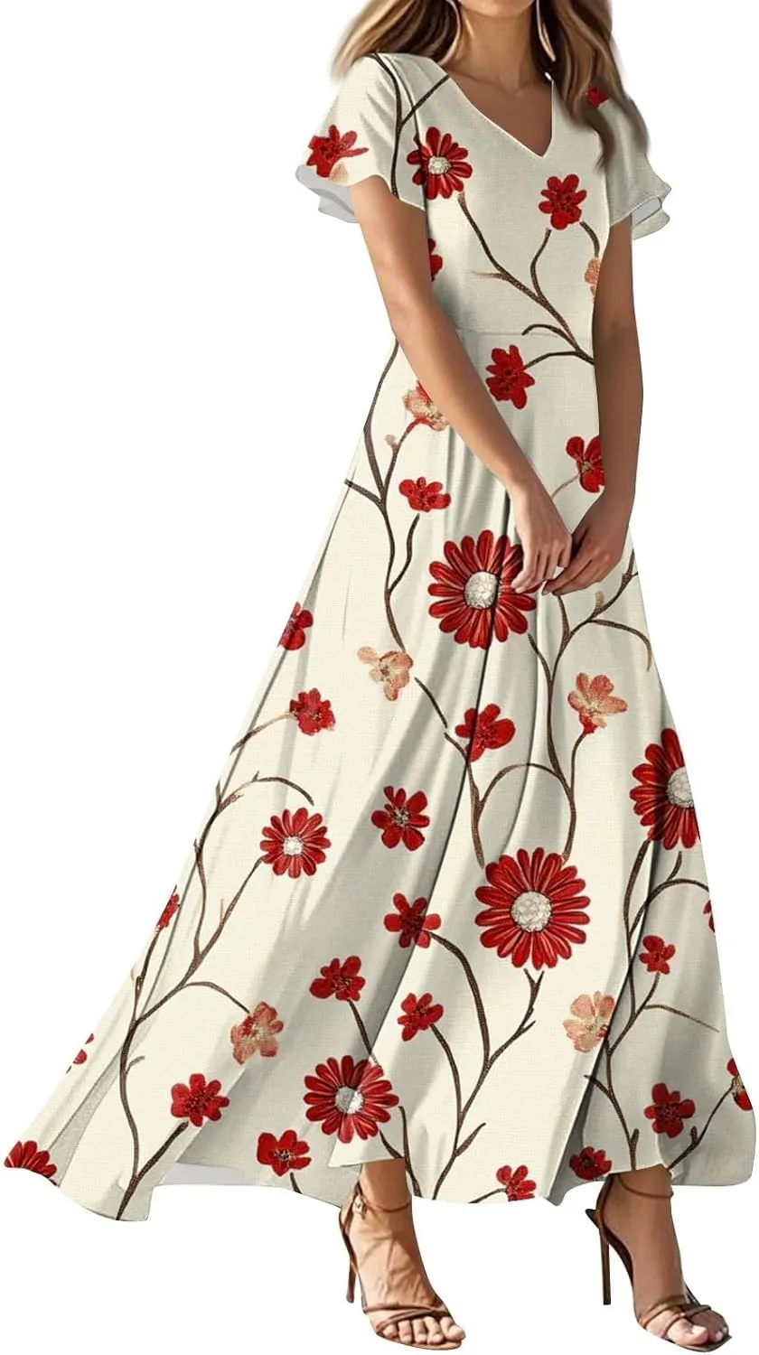 Floral Maxi Dresses for Women 2025 Summer Casual Ruffle Sleeve V Neck Chiffon Dress Flowy Swing Boho Beach Sundresses
