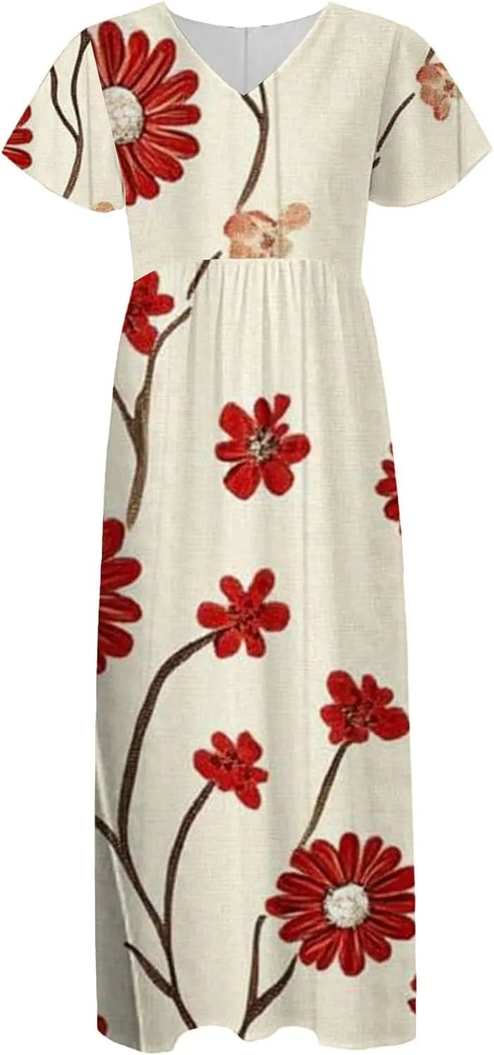 Floral Maxi Dresses for Women 2025 Summer Casual Ruffle Sleeve V Neck Chiffon Dress Flowy Swing Boho Beach Sundresses